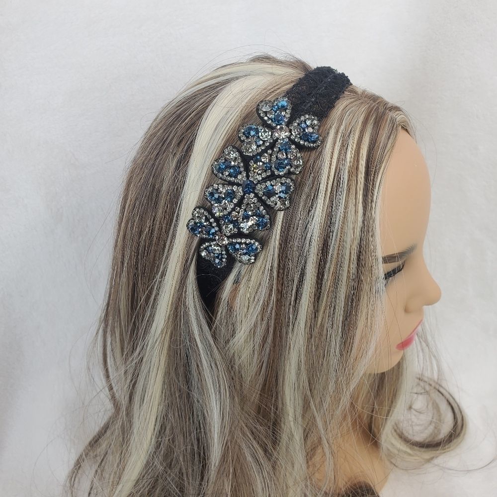 Blue Gunmetal Crystals Floral Black Lace Hair Band